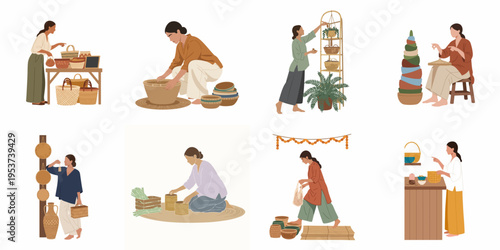 Set of flat illustrations featuring women artisans engaged in traditional crafts like basket weaving, pottery making, and selling handmade goods at a market.