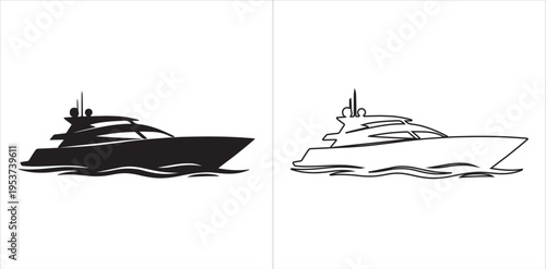 Modern yacht or motorboat illustration in solid silhouette and outlined version with stylized waves beneath the hull