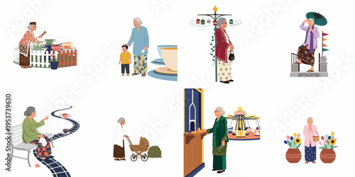 Collection of illustrations featuring elderly Southeast Asian women in traditional kebaya attire engaged in various leisure and everyday activities.