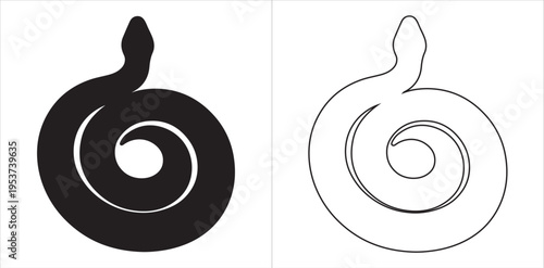 Stylized spiral shell or coiled abstract form in solid silhouette and outlined version with pointed extension at top