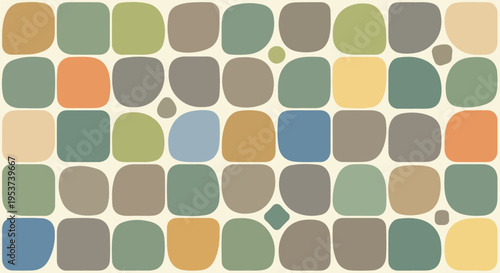 Abstract design featuring rounded blocks in various earthy and pastel tones