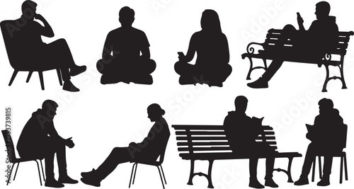 Silhouettes of people sitting in various poses outside