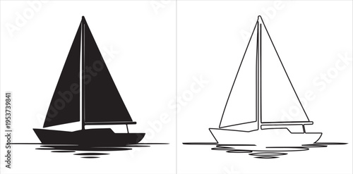 Single stylized sailboat illustration in silhouette and outline versions with dual sails and reflection on the water