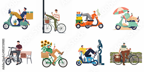 Collection of diverse male characters with scooters and bicycles, showcasing leisure, delivery, and commuting activities in a modern flat vector illustration style.