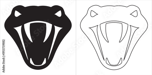 Stylized snake head front view with open mouth and fangs depicted in silhouette and outline vector illustration