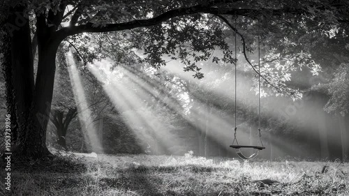 Sunlight rays shining through trees with hanging swing in serene forest clearing peaceful nature