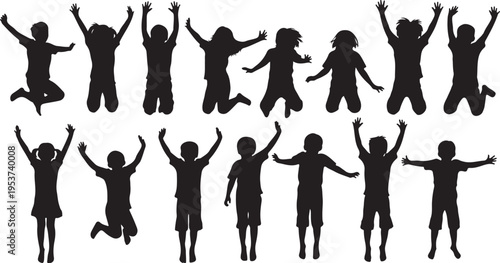 Silhouettes of happy children jumping in the air