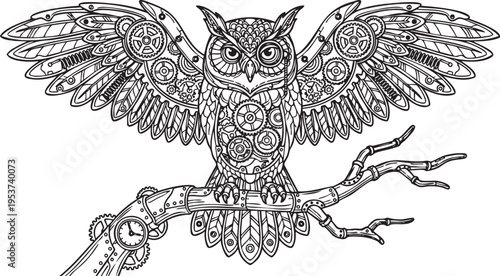 Intricate Steampunk Owl Illustration with Mechanical Gears and Clockwork Elements, Detailed Design Perched on a Branch for Creative Projects