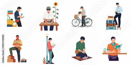 Collection of flat illustrations showing men in various service and labor roles handling money, counting earnings, and wearing waist bags on white background.