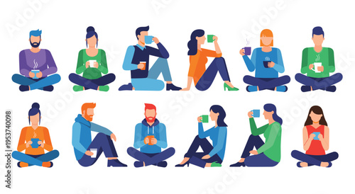 People characters sitting and drinking coffee or tea from cups and mugs set