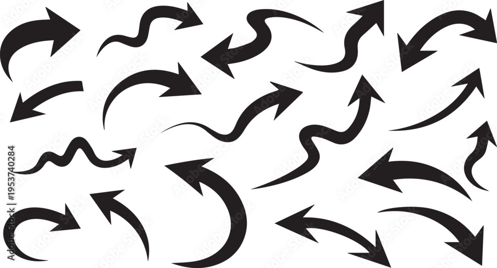Fototapeta premium A collection of various black arrows pointing in different directions on a white background