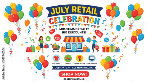 July Retail Celebration Banner with Balloons and Shop