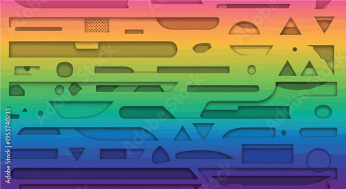 Abstract layered art piece showing a gradient rainbow of colors and shapes