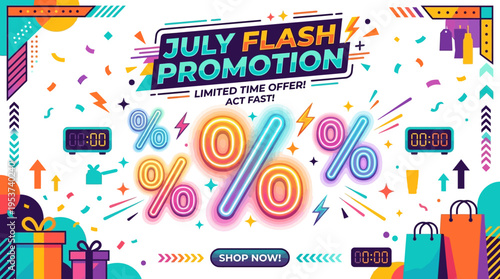 July Flash Promotion Banner with Neon Percent Symbols