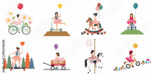 Set of flat vector illustrations depicting a young girl in a pink tutu enjoying diverse childhood activities like riding a bicycle and a scooter.
