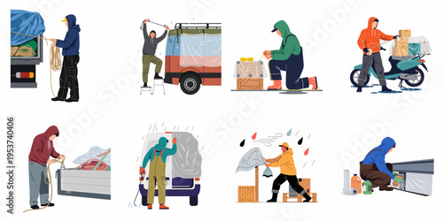 Set of Flat Vector Illustrations Showing Workers Protecting Goods from Rain and Weather Using Tarps, Ropes, and Plastic Covers on Different Vehicles.