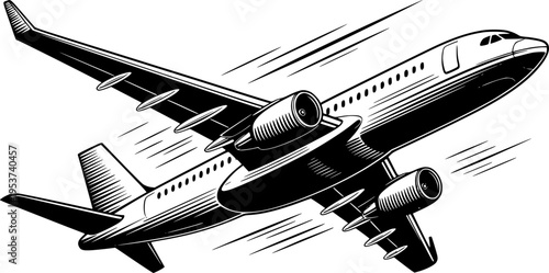 Black and white of a modern jet airplane in flight with speed lines aircraft travel