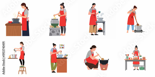 A set of flat vector illustrations depicting women in red aprons cooking, stirring pots, and preparing various dishes in diverse kitchen settings.