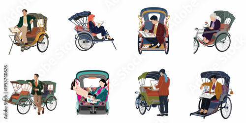 Set of flat vector illustrations depicting diverse people, including artists and readers, posing with or sitting inside traditional rickshaws on a white background.