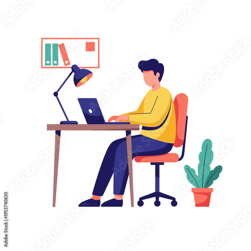 Man working on laptop at desk with lamp and plant nearby vector illustration