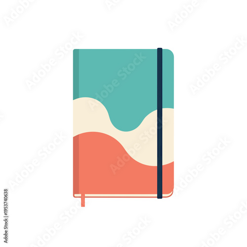 Colorful vector graphic illustration of a notebook with a wavy design, elastic closure and bookmark