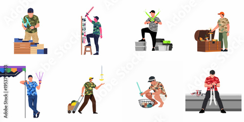 Set of flat illustrations depicting men in camouflage outfits playing with or selling various colorful toy swords in different retail and home settings.