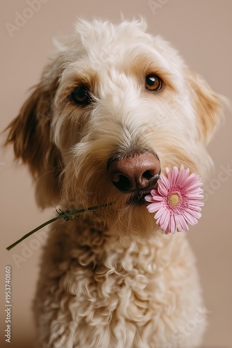 Cute curly-haired dog holds a pink daisy in its mouth, creating a charming and tender image of innocence.