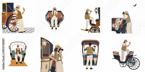 Set of flat vector illustrations featuring tourists in vintage attire photographing scenes around horse-drawn carriages for a historical travel concept.