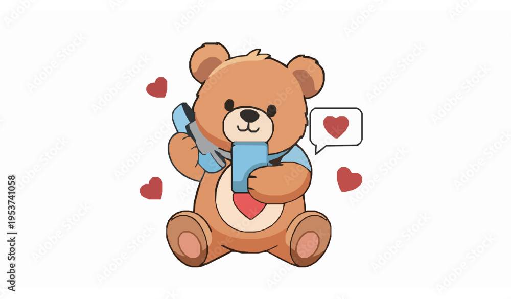 Naklejka premium Teddy Bear Sending Love Message with Phone Cute Cartoon Vector Design