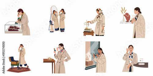 Set of illustrations depicting a stylish woman in a trench coat shopping for and trying on various pieces of elegant jewelry.