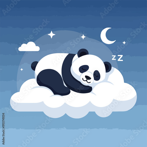 Adorable panda sleeping on a cloud, under the night sky with a moon and stars