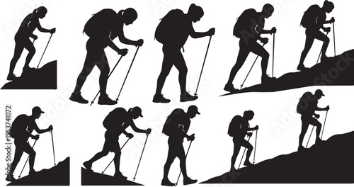 Hiker climbing mountain with trekking poles in motion