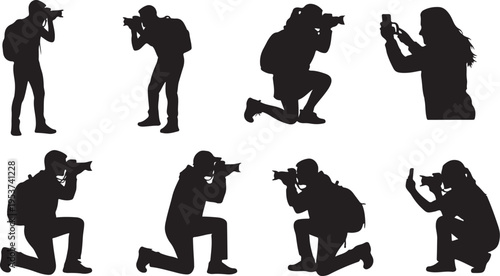 Photographers at work in various poses silhouettes