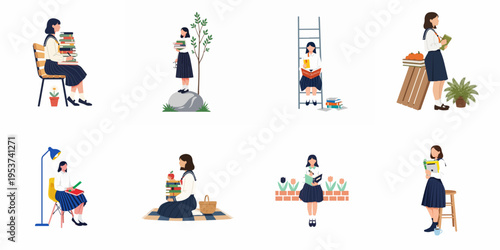 Collection of illustrations featuring a Japanese schoolgirl in uniform reading, studying, and holding books in various peaceful settings.