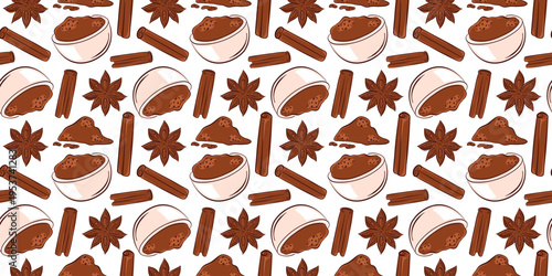 Seamless pattern with flat style cinnamon stick, star anise, spice powder in bowl. Perfect for package, kitchen wallpaper, food delivery and culinary recipe design.