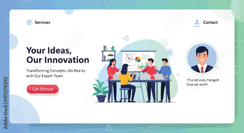 An advertising design showcasing a brainstorming team and service tagline