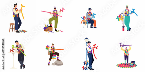 Set of flat vector illustrations depicting a professional balloon artist in colorful costumes creating various animal shapes for children's entertainment and events.