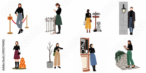 Collection of Minimalist Flat Vector Illustrations Depicting Stylish Women in Various Autumn and Travel Scenes like Exploring a Manor or Waiting for Tickets