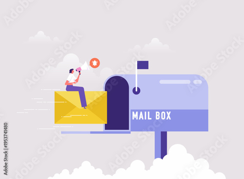 Marketing or advertising promotion concept, email communication, email subscription notification, businesswoman deliver mail to destination mailbox