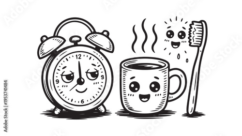 Cartoon Alarm Clock Coffee Mug Toothbrush Morning Routine For Daily Life Concepts