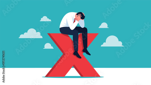 Depressed businessman sitting alone on a giant red cross mark representing failure, rejection, or a major error.