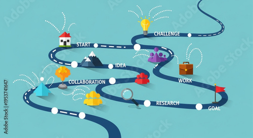 Conceptual Roadmap Illustration with Milestones and Icons on a Winding Path.