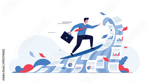 Agile businessman surfing on a massive wave of financial documents and charts representing data management skills.