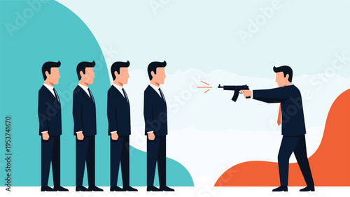 Angry businessman aiming a rifle at a line of identical corporate clones representing intense workplace competition.