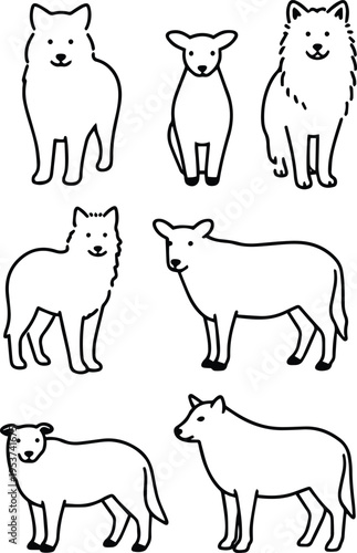 Black and white line drawings of various farm and wild animals