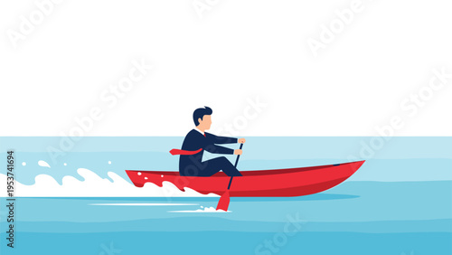 Strong leader rowing a small red boat through rough ocean waves toward success and achieving clear business goals.