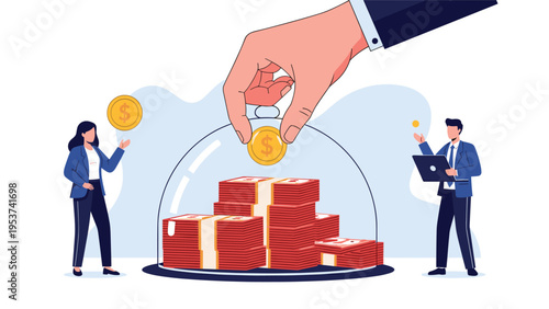 Giant hand placing a gold coin through an opening of a glass dome covering stacks of money for financial security.