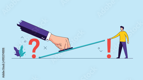 Massive fist hitting one end of a seesaw to propel a man holding a red exclamation point high into the air.