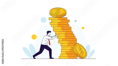 Desperate businessman trying to prevent a leaning stack of gold coins from falling and crashing to the floor.