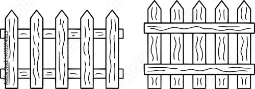 Simple line wooden picket fence sections with textured wood grain detail garden
